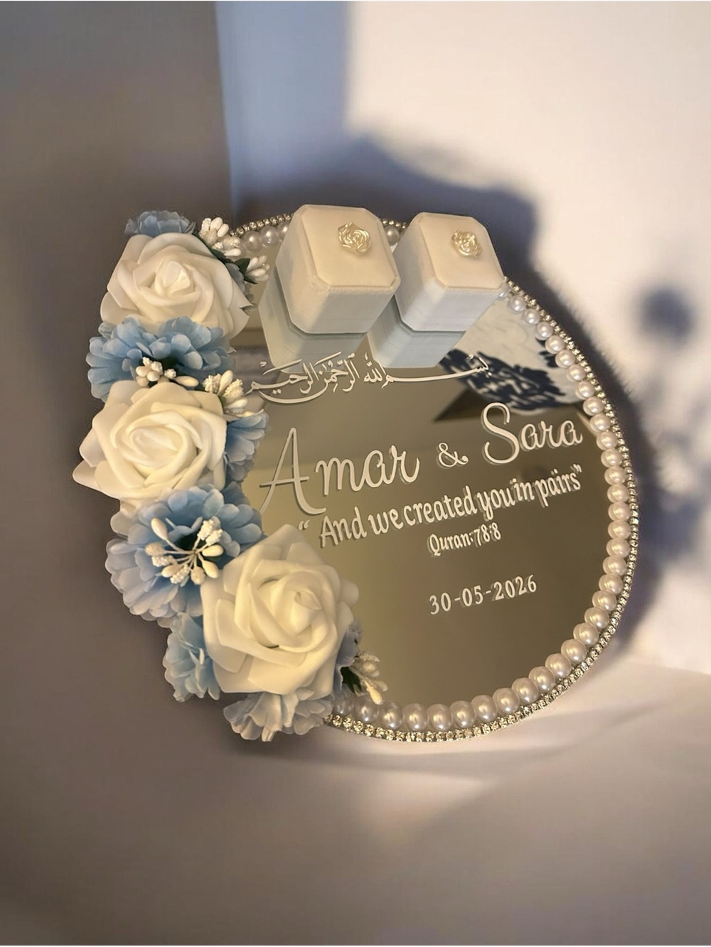 Personalized Floral Pearl Mirror Tray - White & Light Blue